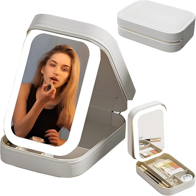 Small Travel LED Makeup Mirror Case with 3 Adjustable Color Light