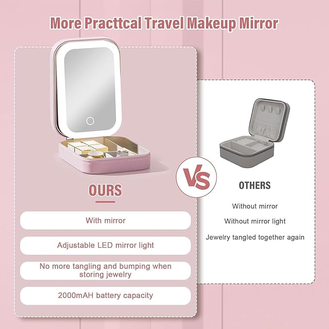 Small Travel LED Makeup Mirror Case with 3 Adjustable Color Light