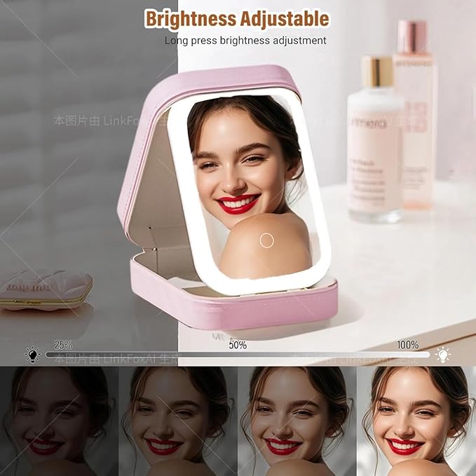 Small Travel LED Makeup Mirror Case with 3 Adjustable Color Light