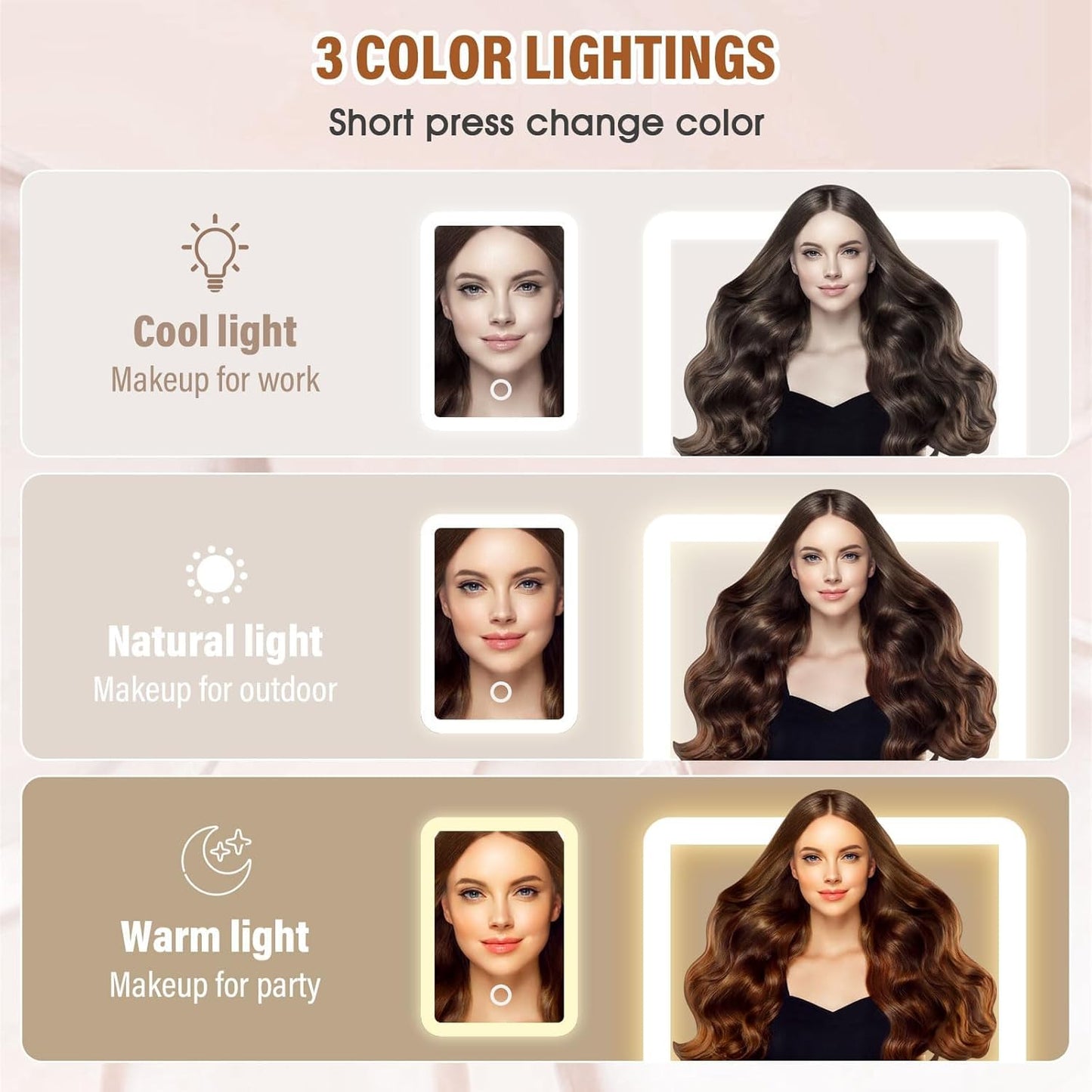 Small Travel LED Makeup Mirror Case with 3 Adjustable Color Light