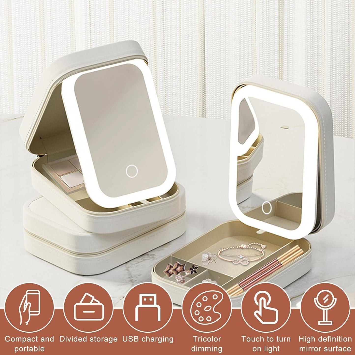 Small Travel LED Makeup Mirror Case with 3 Adjustable Color Light
