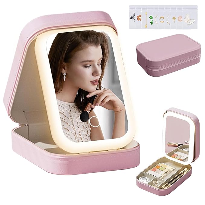 Small Travel LED Makeup Mirror Case with 3 Adjustable Color Light