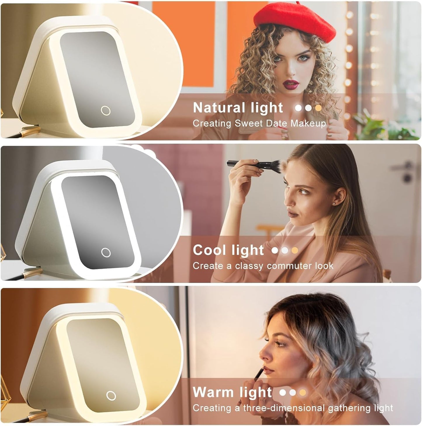 Small Travel LED Makeup Mirror Case with 3 Adjustable Color Light